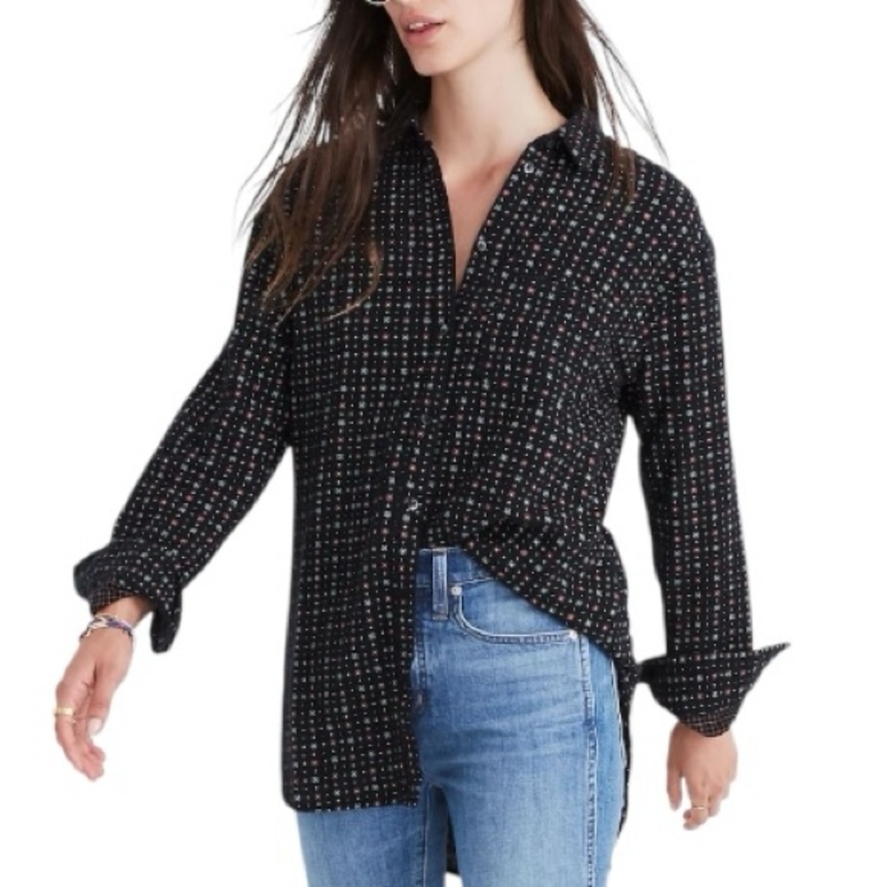 Madewell Black Button-Down Shirt with Multicolor Dot Pattern